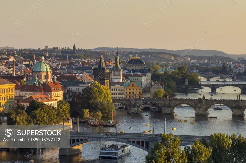 Elevated view over the old town and Vltava River seen from the Hanavsky Pavilion at Letna Park, Prague, Czech Republic (Czechia), Europe