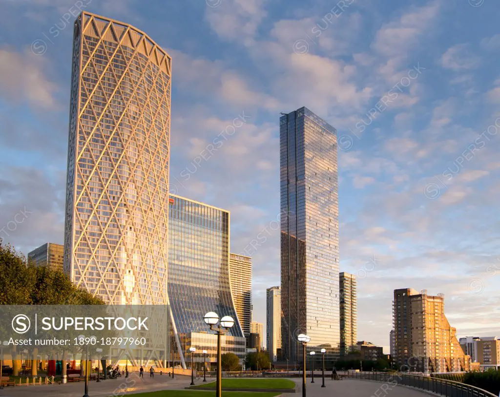 Canary Wharf towers from Westferry Circus, Docklands, London, England, United Kingdom, Europe