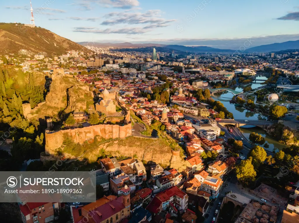 Aerial cityscape view of Tbilisi's old town at sunrise, Tbilisi, Georgia (Sakartvelo), Central Asia, Asia