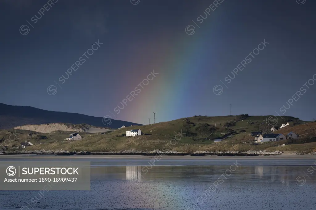 Rainbow over the Hamlet of Luskentyre across Luskentyre Sands, Isle of Harris, Outer Hebrides, Scotland, United Kingdom, Europe