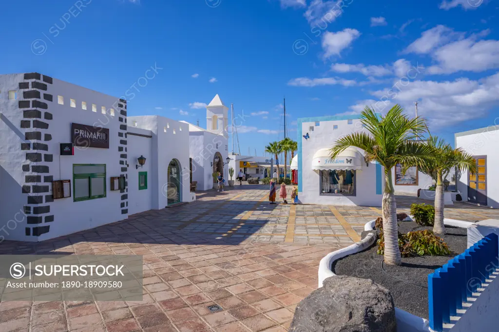 View of boutique shops in Rubicon Marina, Playa Blanca, Lanzarote, Canary Islands, Spain, Atlantic, Europe