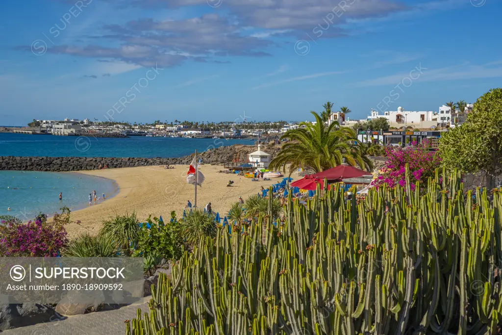 View of hotel overlooking Playa Dorada Beach, Playa Blanca, Lanzarote, Canary Islands, Spain, Atlantic, Europe