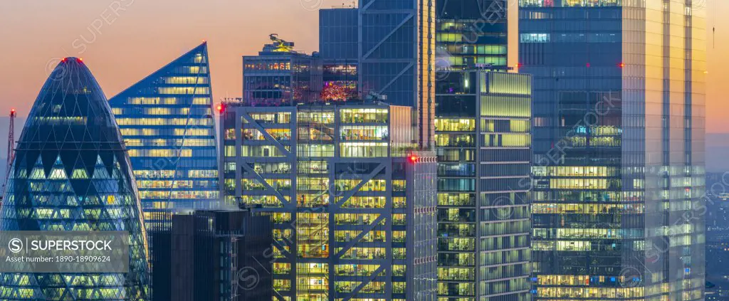 View of City of London skyscrapers at dusk from the Principal Tower, London, England, United Kingdom, Europe