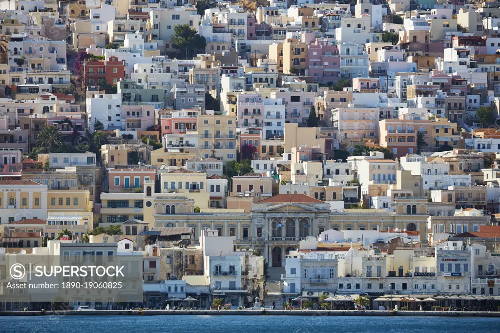 Neoclassical architecture in pastel colors, Ermoupolis, Syros, Cyclades, Greek Islands, Greece