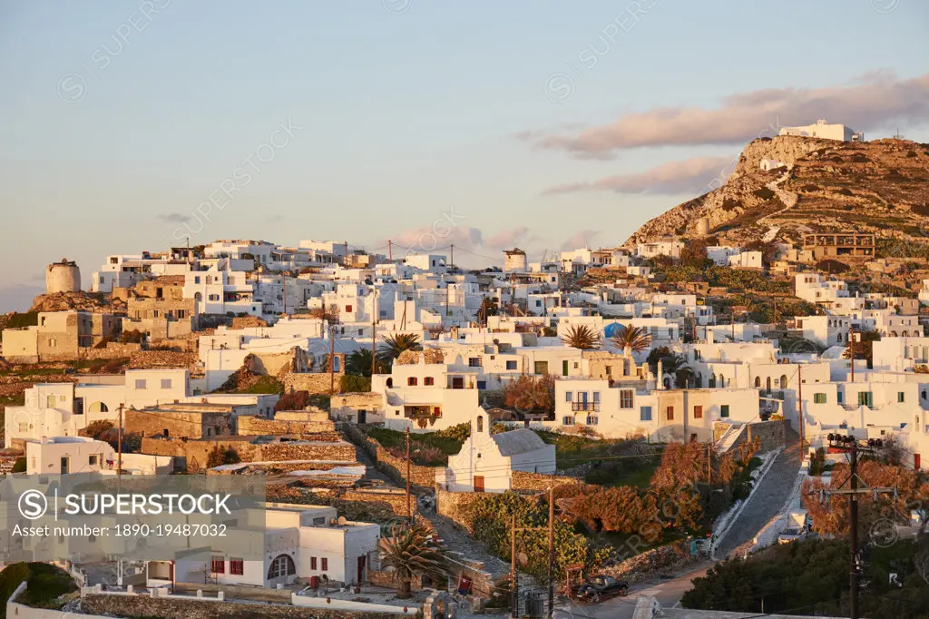 Chora of Sikinos island at sunset, Cyclades, Greek Islands, Greece, Europe