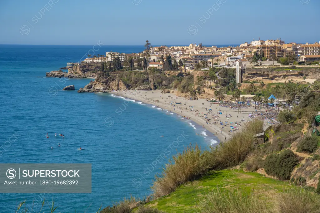 View of Playa de Burriana Beach, town and Mediterranean Sea, Nerja, Costa del Sol, Malaga Province, Andalusia, Spain, Mediterranean, Europe