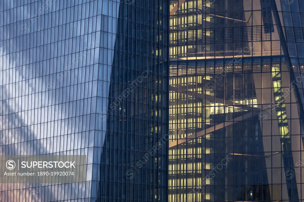 Detail of the new European Central Bank Building at night, Frankfurt, Hesse, Germany, Europe