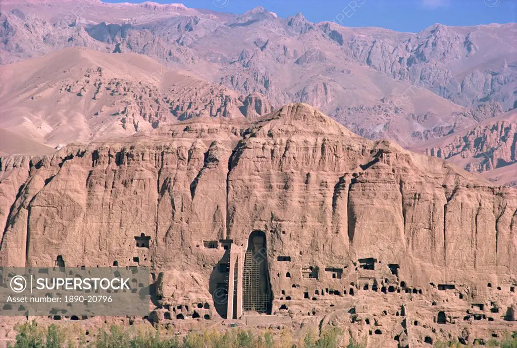 The caves and 150ft tall statue of the Buddha at Bamiyan, since destroyed by the Taliban, UNESCO World Heritage Site, Afghanistan, Asia