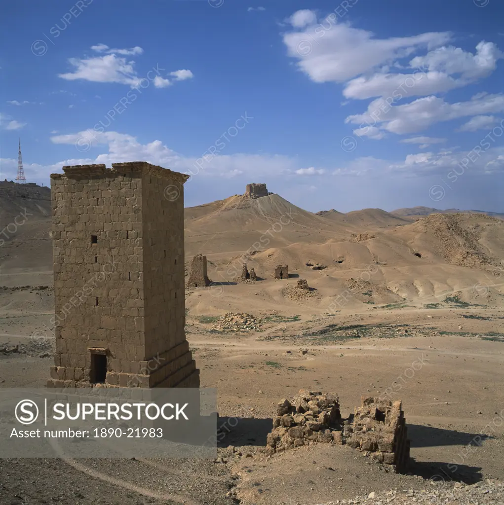 View over the Palmyrene Tower Tombs, multi_storey burial chambers dating from the 1st and 2nd centuries AD, at the ancient Graeco_Roman city of Palmyr...