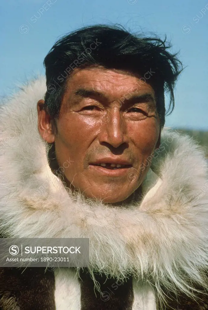 Portrait of Eskimo man wearing caribou skin, Spence Bay, Boothia Peninsula, Northwest Territories, Canada, North America