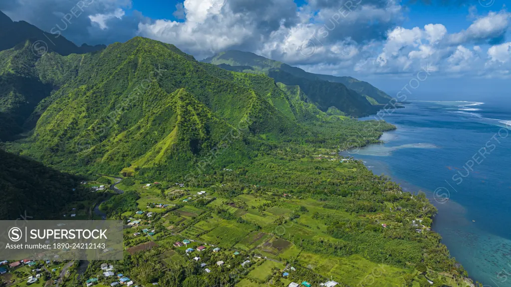 Aerial of Tahiti Iti and its lagoon, Society Islands, French Polynesia, South Pacific, Pacific