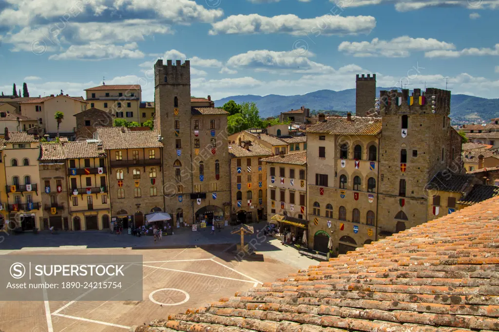 Aerial view of medieval buildings in Piazza Grande Arezzo