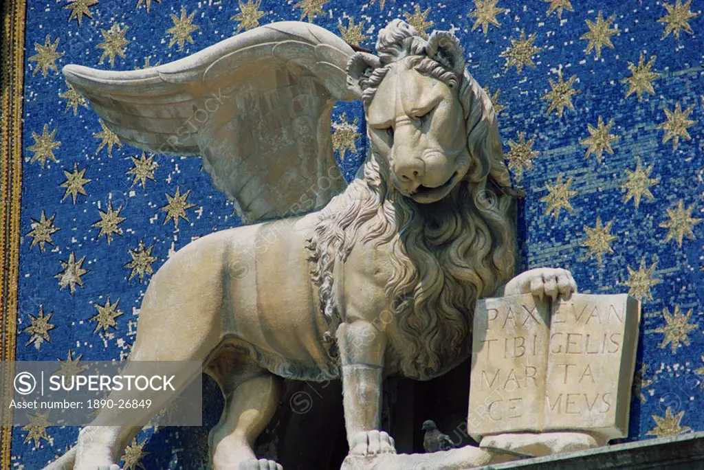 Close_up of the Lion of St. Mark´s Clock Tower in Venice, UNESCO World Heritage Site, Veneto, Italy, Europe