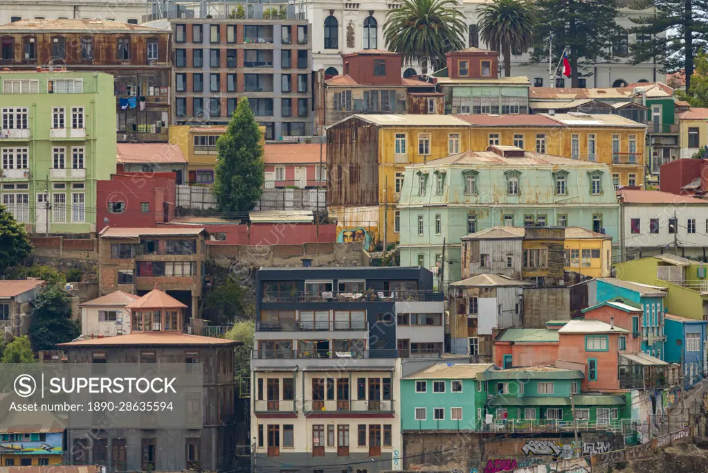 Detail of colorful houses of Valparaiso on hill in Playa Ancha, Valparaiso, Chile, South America