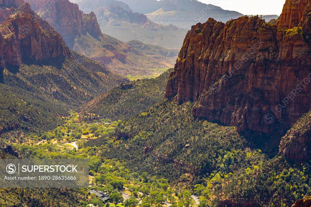 Zion Canyon taken from Angels Landing on sunny day, Zion National Park, Utah, United States of America, North America