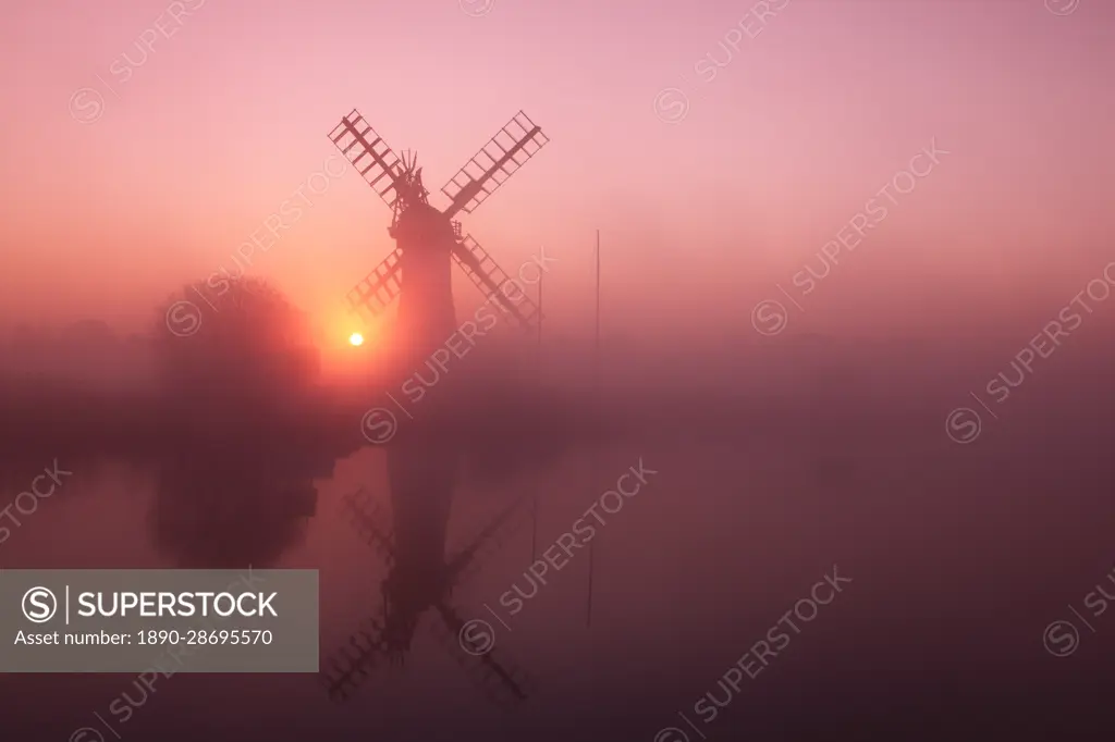 Winter sunrise, Thurne Mill, Norfolk Broads, Norfolk, England, United Kingdom, Europe