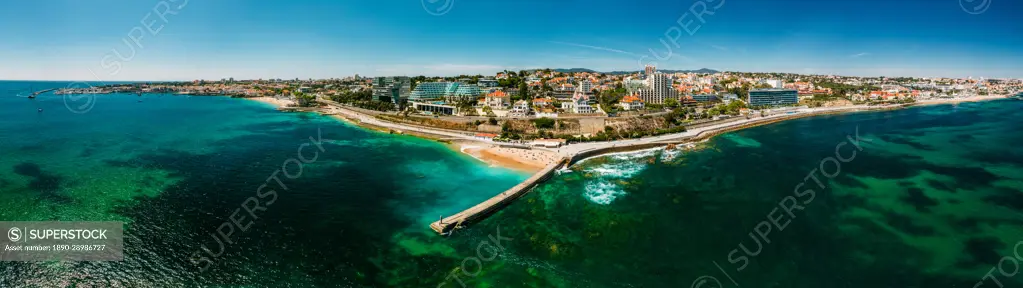 Aerial drone panoramic view of Cascais and Estoril coastlines with turquoise water, Cascais, 30km west of Lisbon, Portuguese Riviera, Portugal, Europe