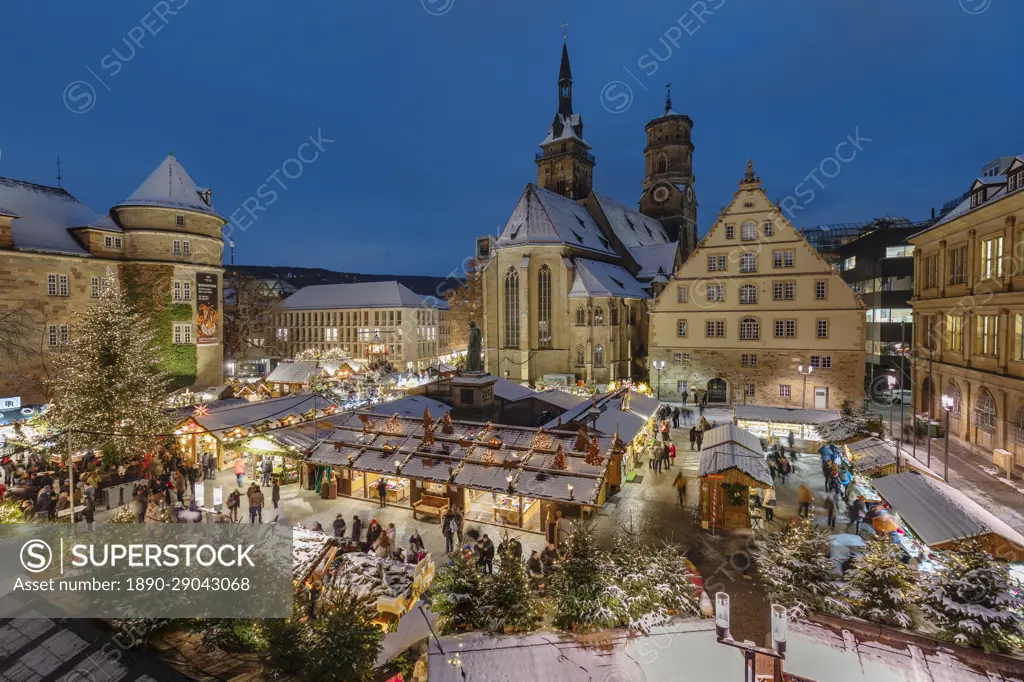 Christmas market on Schillerplatz square in front of Stiftskirche church, Stuttgart, Baden-Wurttemberg, Germany, Europe