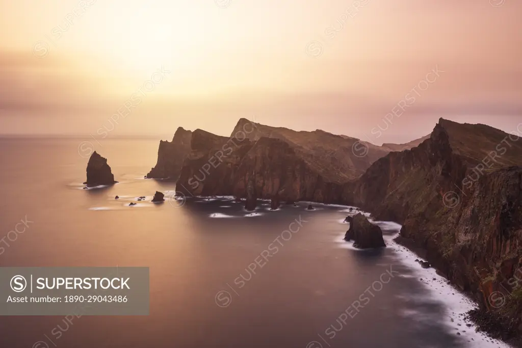 Long exposure to capture the sunrise light at Sao Lourenco Peninsula on a spring day, Madeira, Portugal, Atlantic, Europe