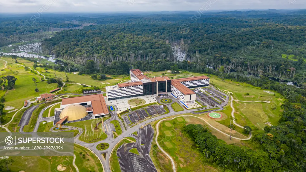 Aerial of the 5 star Djibloho Hotel in the jungle, Ciudad de la Paz, Rio  Muni, Equatorial Guinea, Africa - SuperStock