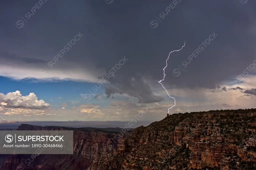 Lightning striking the Desert View Watchtower on Grand Canyon South Rim during the 2023 Arizona Monsoon season, viewed from Navajo Point, Grand Canyon National Park, UNESCO World Heritage Site, Arizona, United States of America, North America