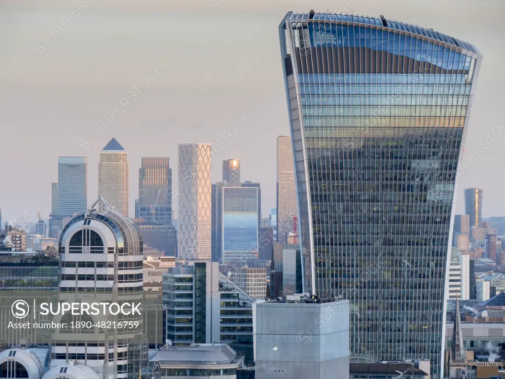 Walkie Talkie Building in the City of London with Canary Wharf beyond, London, England, United Kingdom, Europe