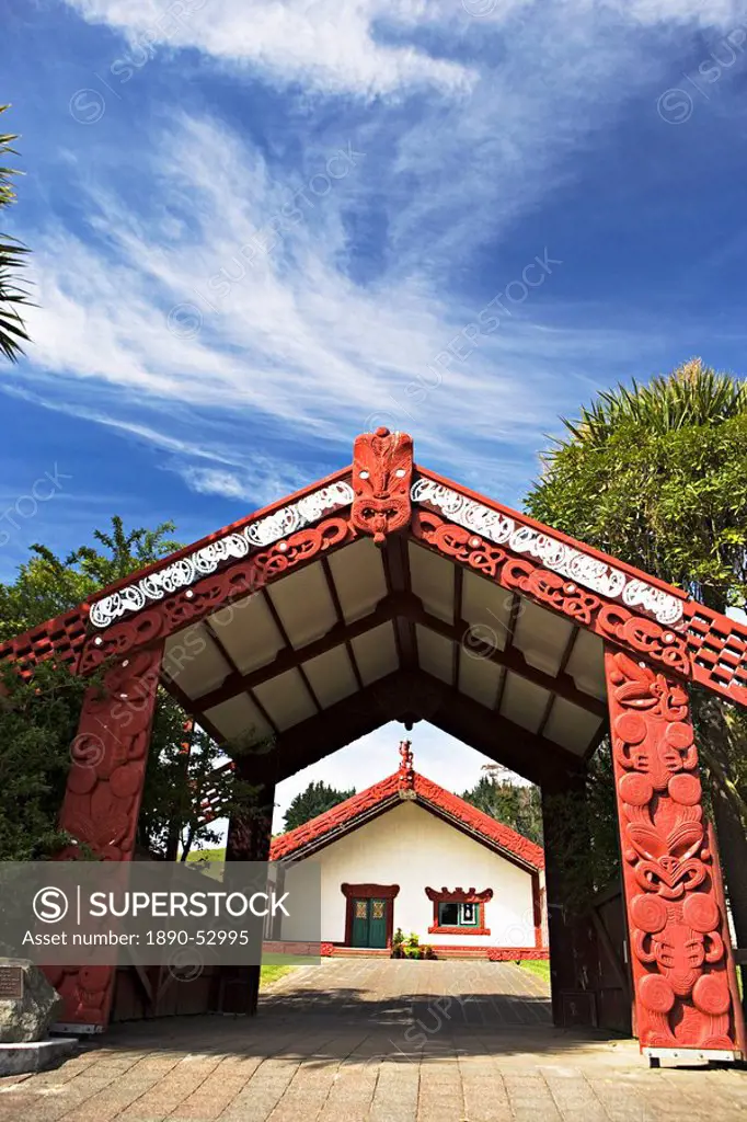 Entrance to a Maori meeting hall, Te Poho_o_Rawiri Meeting House, one of the largest marae in N.Z., Gisborne, North Island, New Zealand, Pacific