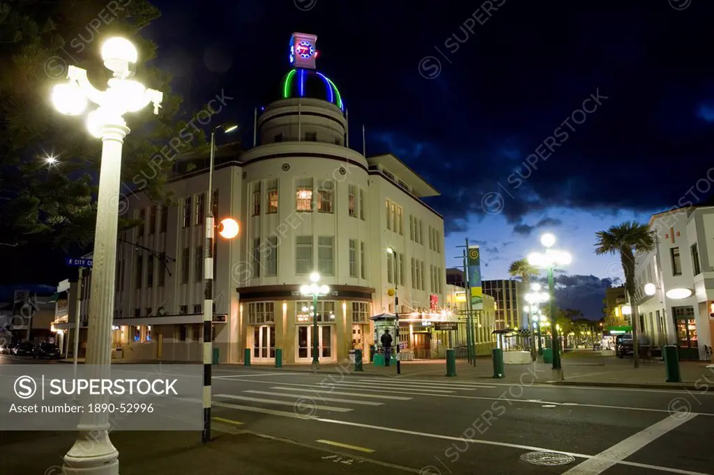 Lampost and Deco clock tower in the Art Deco city of Napier, North Island, New Zealand, Pacific