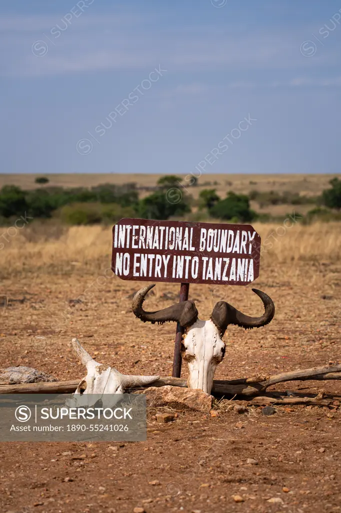 The international border between Tanzania and Kenya in the Maasai Mara, Kenya, East Africa, Africa