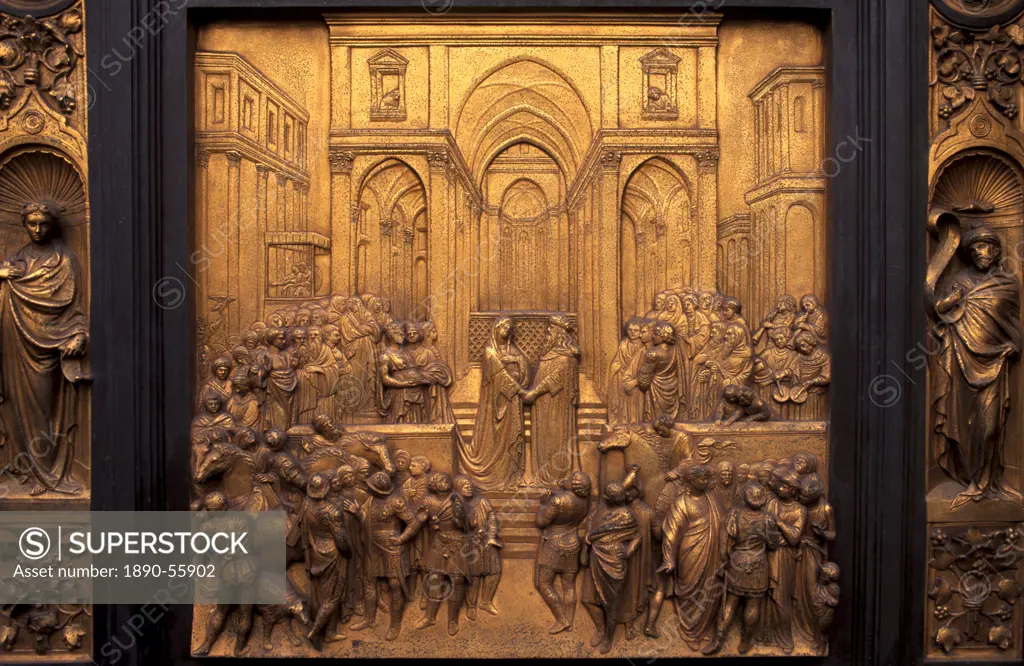 Gates of Paradise, bronze replica, by Lorenzo Ghiberti 1378_1455, scenes of the Old Testament, east door of the Baptistery near the Duomo, Florence Fi...