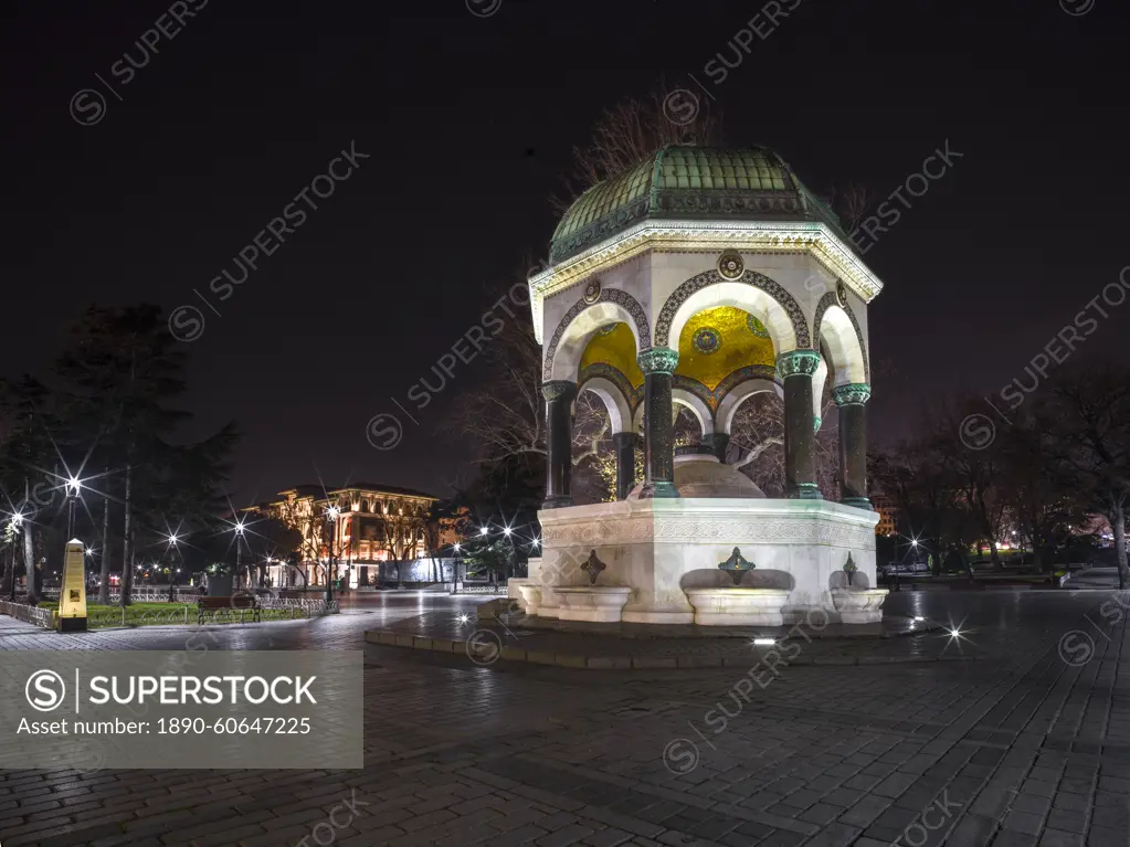 German Fountain illuminated at night, Istanbul, Turkey, Europe