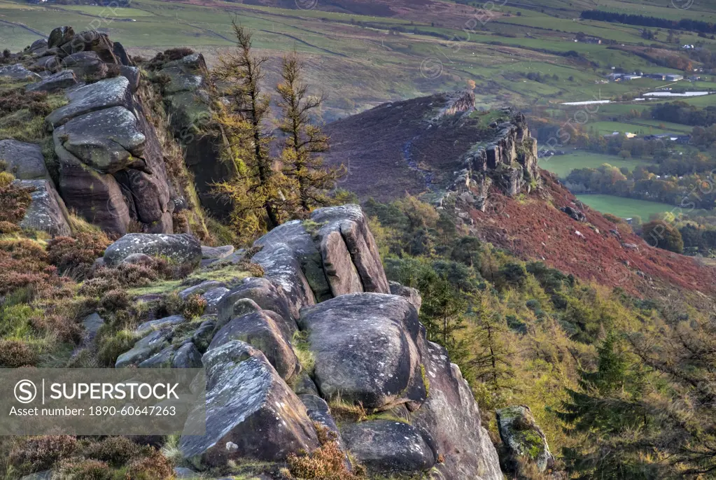 Hen Cloud from The Roaches rock formation in autumn, near Leek, Peak District National Park, Staffordshire Moorlands, Staffordshire, England, United Kingdom, Europe