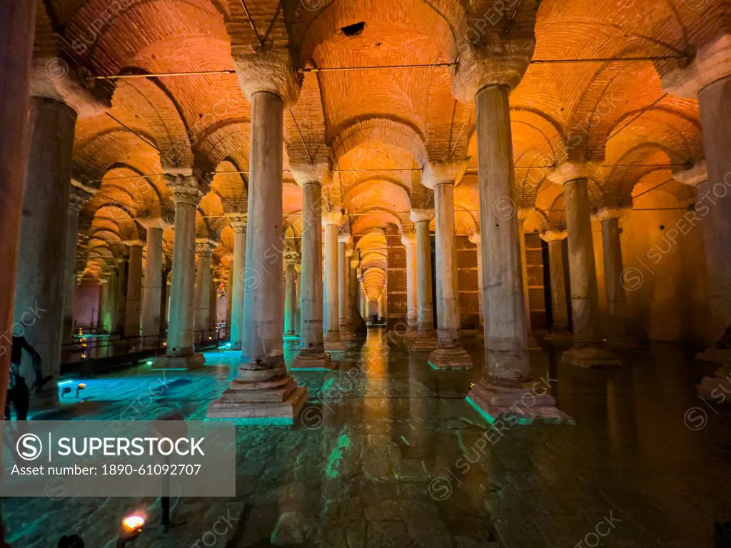 Basilica Cistern with an orange illumination, Istanbul, Turkey, Europe