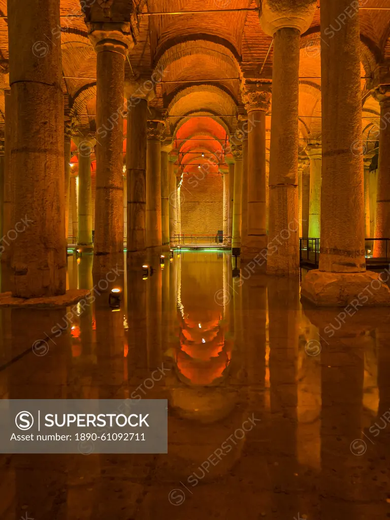 Basilica Cistern with an orange illumination, Istanbul, Turkey, Europe