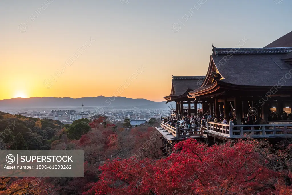 Kiyomizu Temple (Kiyomizu-dera) in the evening sunset and autumnal scenery with vibrant colours and skyline, UNESCO World Heritage Site, Kyoto, Honshu, Japan, Asia