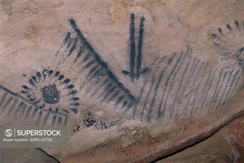 Aboriginal charcoal paintings at Yourambulla Rock Shelter, near Hawker, including emu and kangaroo tracks, South Australia, Australia, Pacific