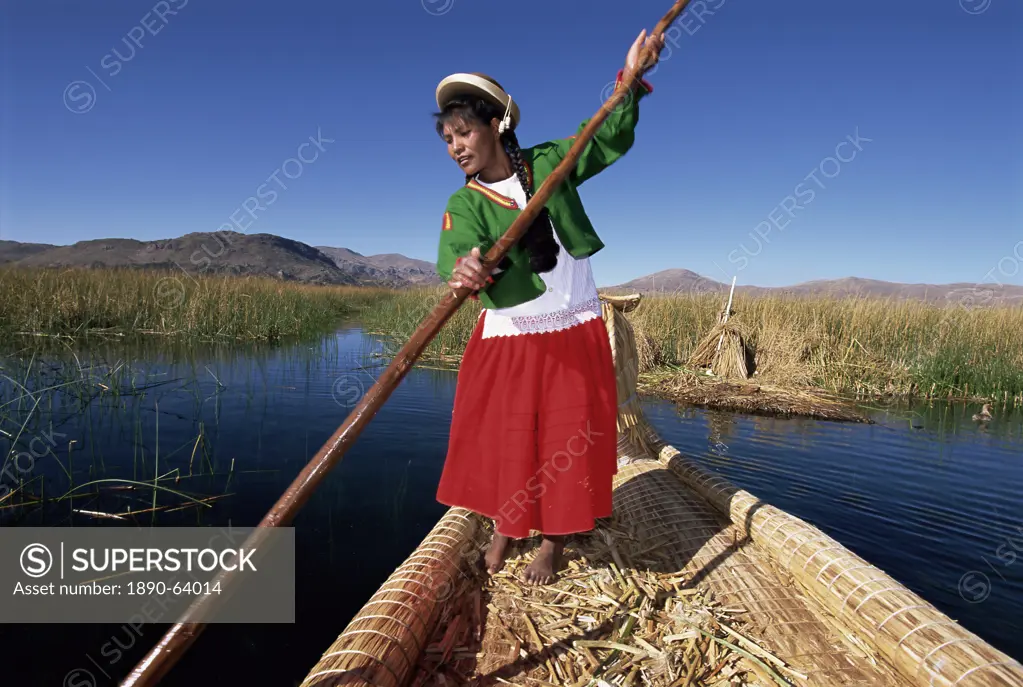 Portrait of a Uros Indian woman on a traditional reed boat, Islas Flotantes, floating islands, Lake Titicaca, Peru, South America