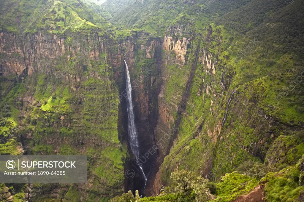 Dramatic waterfall near Sankaber, UNESCO World Heritage Site, Simien Mountains National Park, The Ethiopian Highlands, Ethiopia, Africa