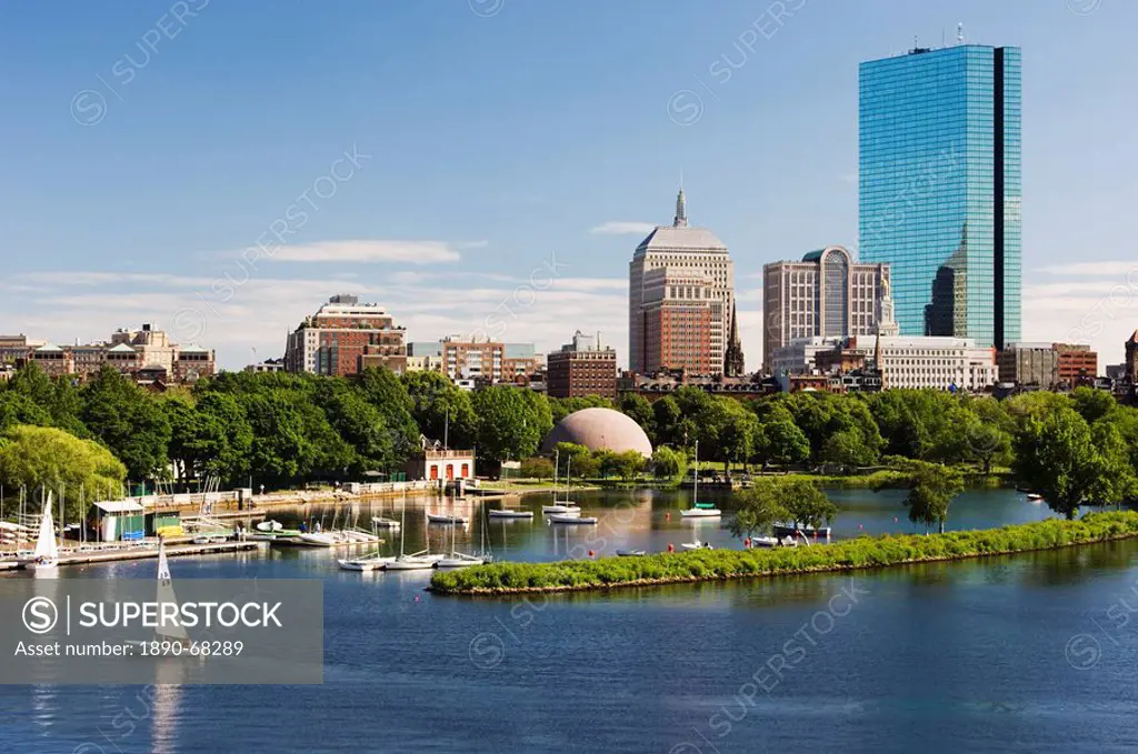 The John Hancock Tower and city skyline across the Charles River, Boston, Massachusetts, USA