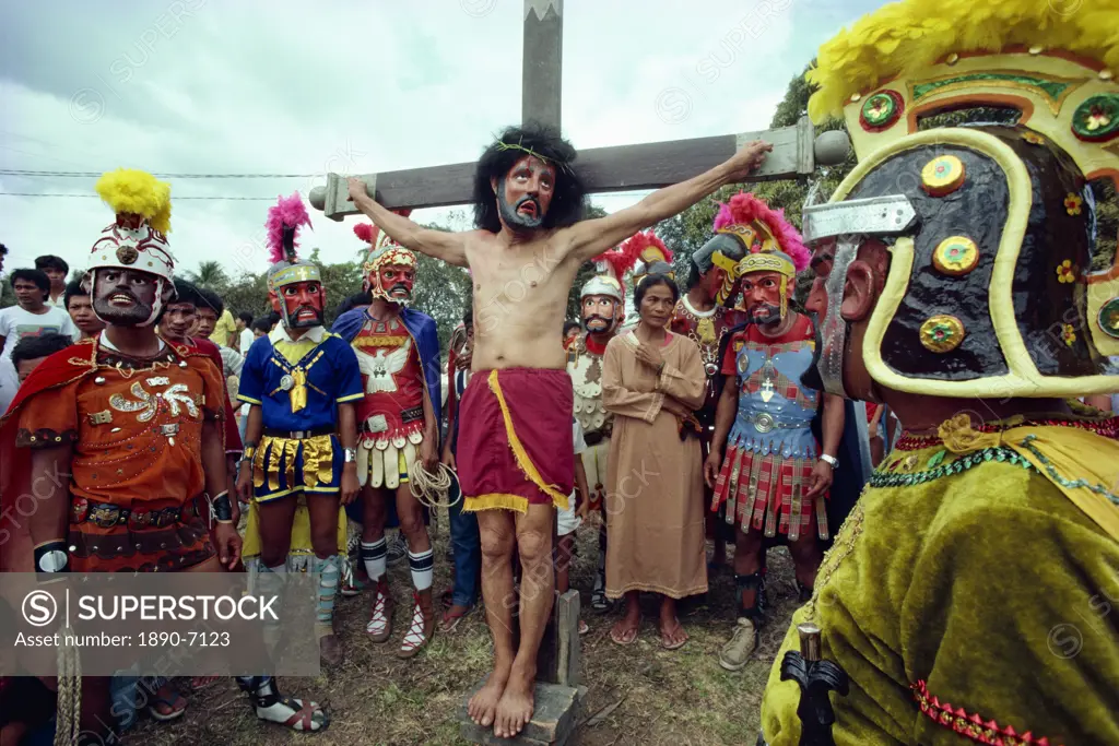 Easter Holy Week Way of the Cross procession and crucifixion during annual Moriones festival in the Philippines, Southeast Asia, Asia