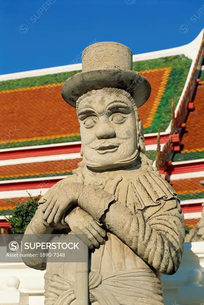 Close_up of a stone statue of a Farang guard at the temple of Wat Pho in Bangkok, Thailand, Southeast Asia, Asia