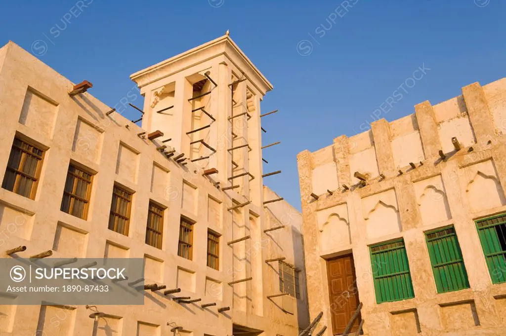 The restored Souq Waqif with mud rendered shops and exposed timber beams, Doha, Qatar, Middle East