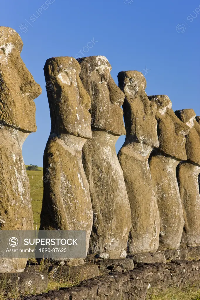 Row of monolithic stone Moai statues known as Ahu Akivi, Rapa Nui Easter Island, UNESCO World Heritage Site, Chile, South America