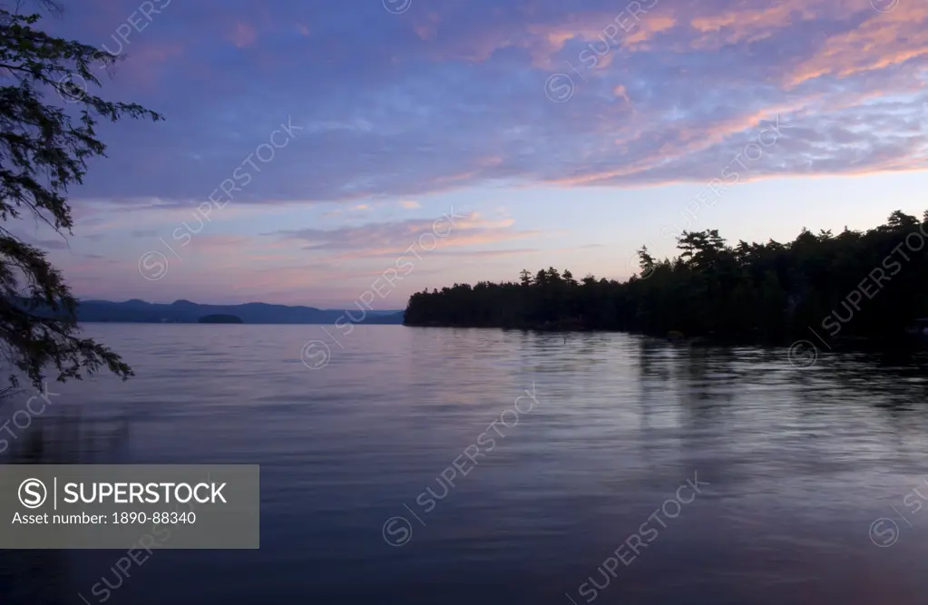 A view toward Dome Island at sunrise, Lake George, New York State, United States of America, North America