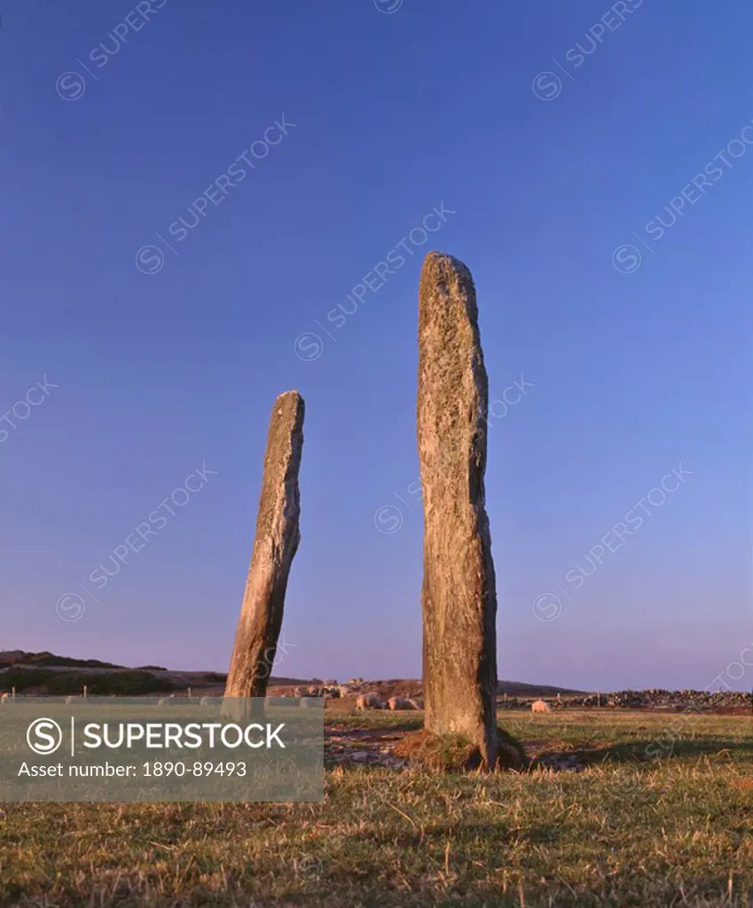 Penrhos Feilw standing stones, 3m high and 3.3m apart, probably erected in the early Bronze Age between 2000 and 1500BC, Anglesey, Gwynedd, North Wale...