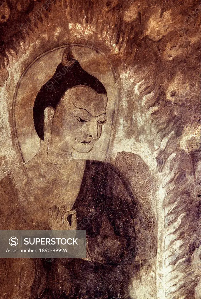 Buddha with his left hand in the Vitarka Mudra in Thambula Temple, dating from the 13th century, Pagan Bagan, Myanmar Burma, Asia