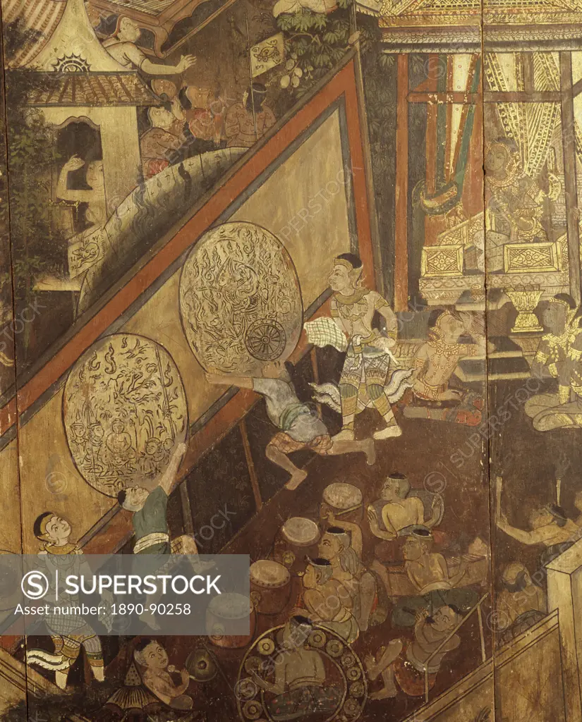 Detail of 19th centruy painting depicting Giant Shadow Puppet theater Nang Yai, Thailand, Southeast Asia, Asia