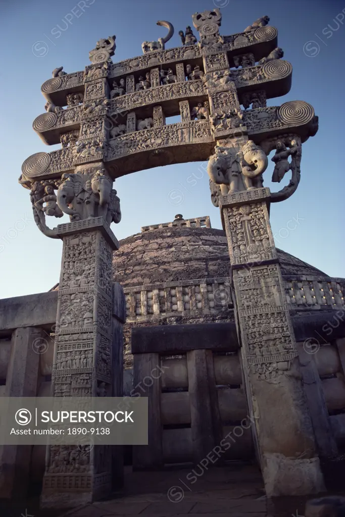 One of the four carved stone toranas gateways, Stupa One, Buddhist shrine dating from 3rd century BC, Sanchi, UNESCO World Heritage Site, Madhya Prade...