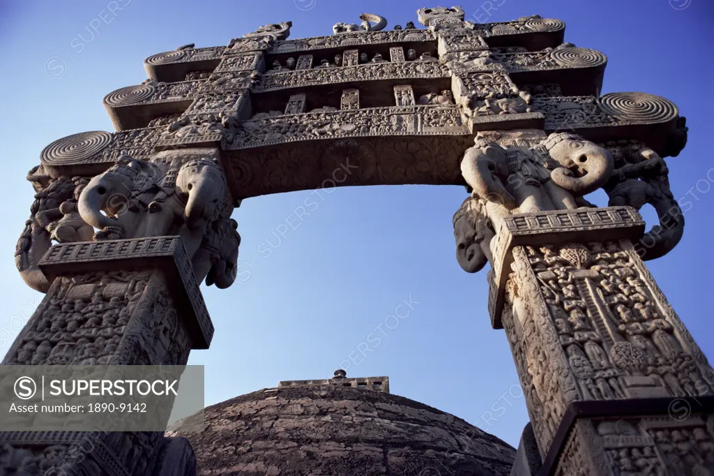 One of the four carved stone toranas gateways, Stupa One, Buddhist shrine dating from 3rd century BC, Sanchi, UNESCO World Heritage Site, Madhya Prade...