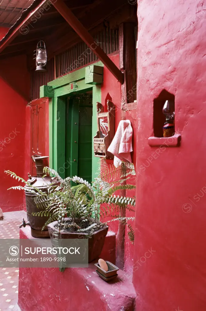 Inner courtyard of restored traditional Pol house, Ahmedabad, Gujarat state, India, Asia